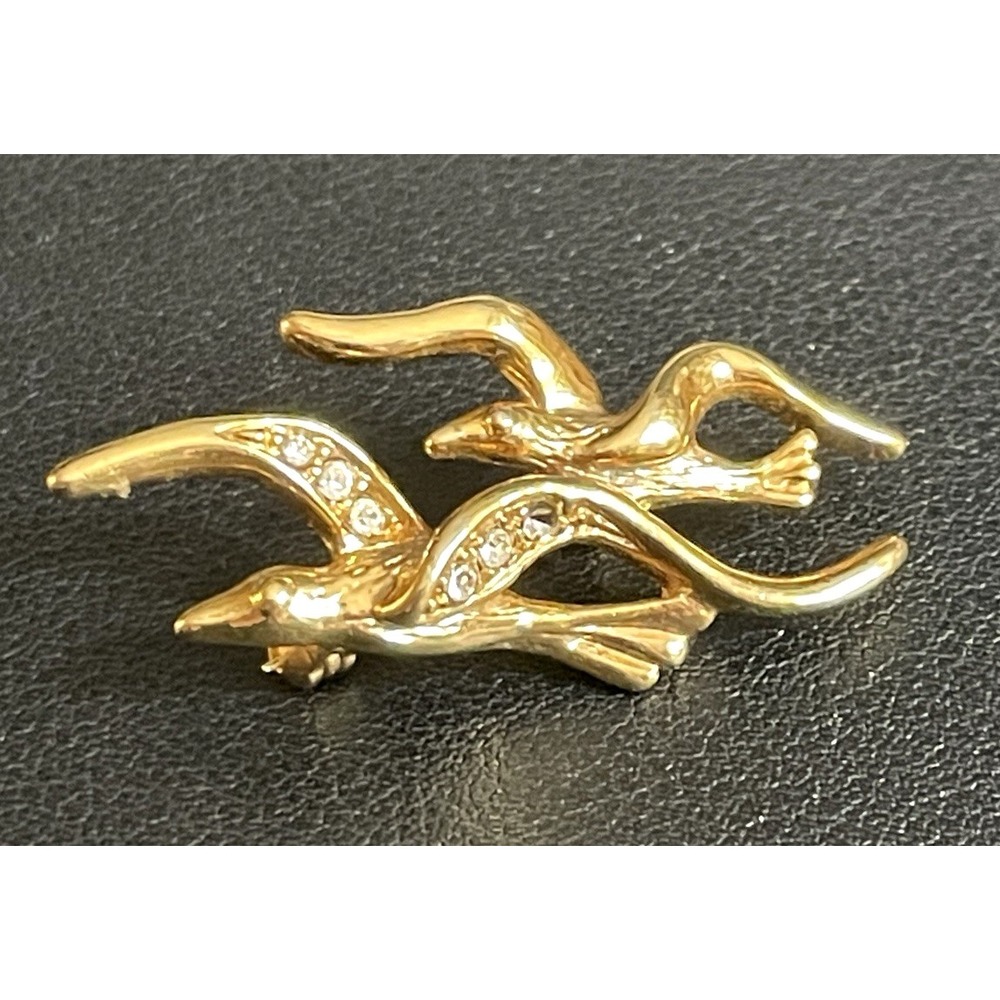Vintage MCM Flying Bird Brooch Rhinestone Pin Gold Tone Animal Jewelry